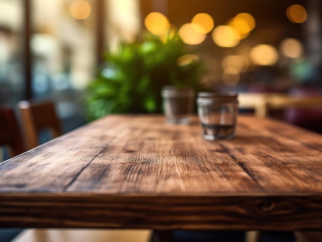 wooden table top with blur background of restaurant