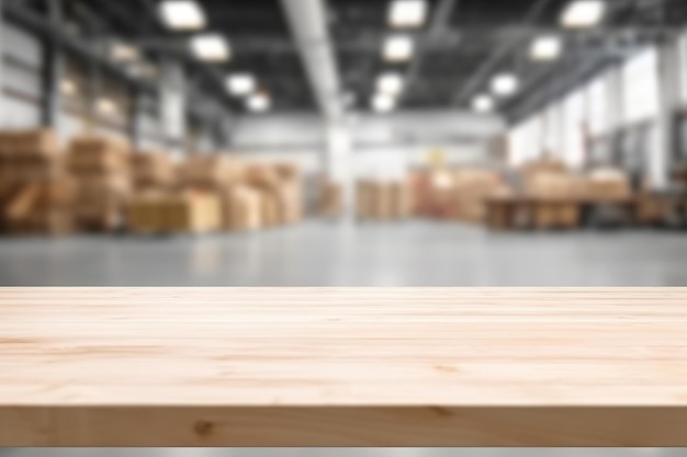 wooden table top with blur background of warehouse storage