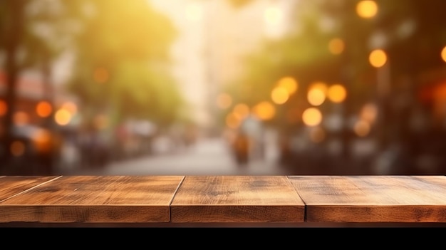 A wooden table top with a blurred cityscape in the background Generative ai
