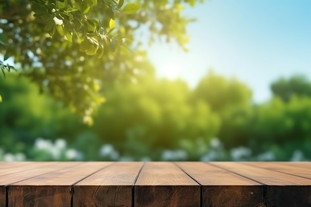 Wooden table top with blurred green trees in the background generative ai