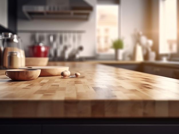 Wooden table top with blurred kitchen interior background Product demo mockup AI generative image