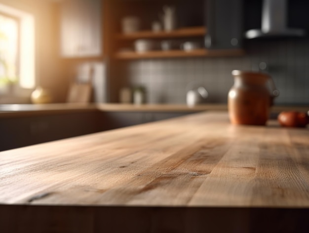 Wooden table top with blurred kitchen interior background Product demo mockup AI generative image