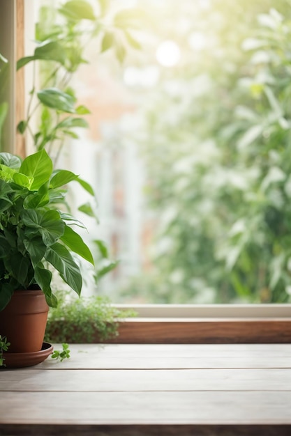 Wooden table top with green plant in pot on window sill blurred background High quality photo