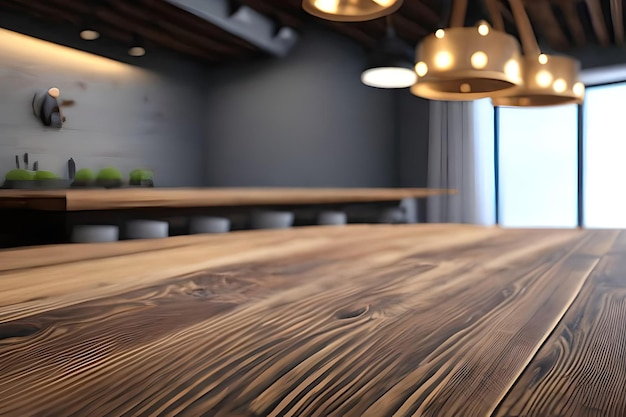 Wooden table top with lights bokeh kitchen background