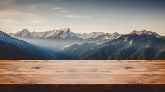 wooden table top with the mountain landscape AI Generative