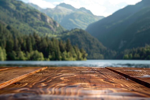 Photo wooden table top with the mountain landscape