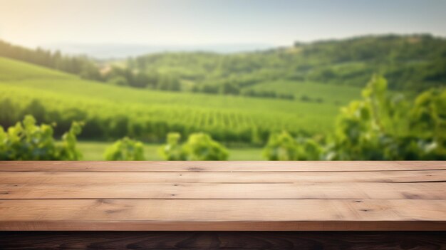 Wooden table top with the mountain landscape