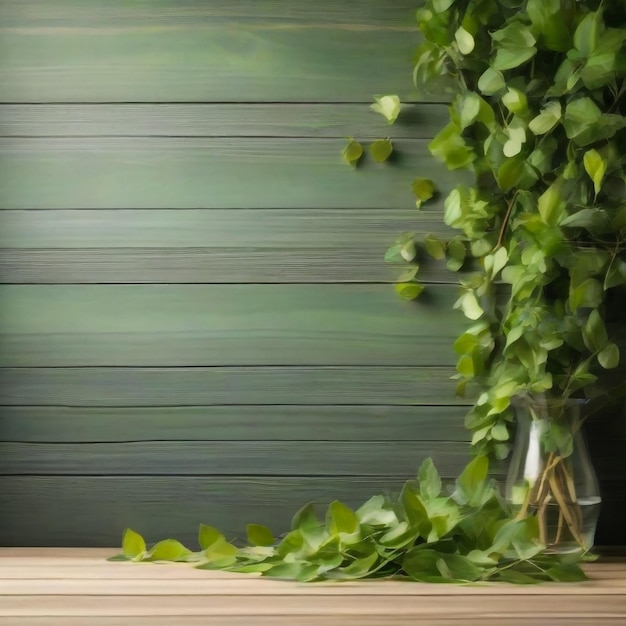деревянный столик с весенне-зелеными листьями в качестве рамы и свободного места для текста