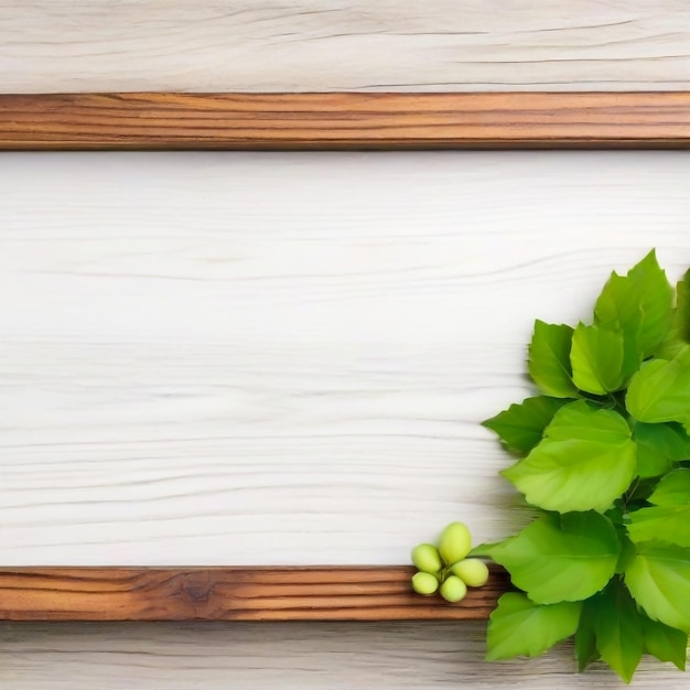 wooden table top with spring green leaves as frame and free space for text