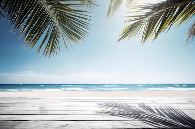 Деревянная столешница на фоне летнего пляжа, созданная с помощью генеративного ИИ