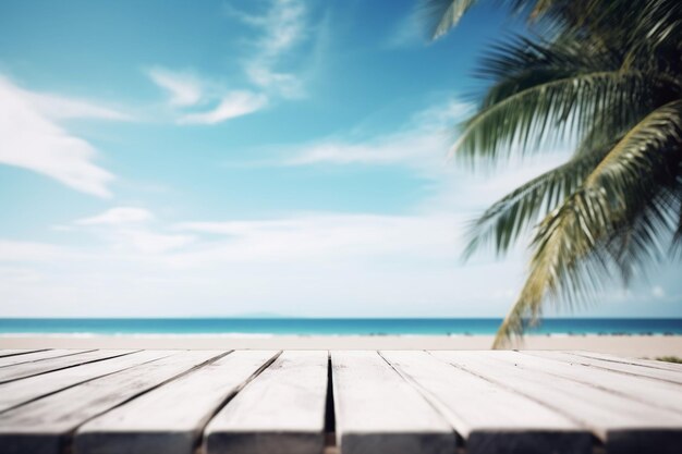 Wooden table top with summer beach background created with generative ai