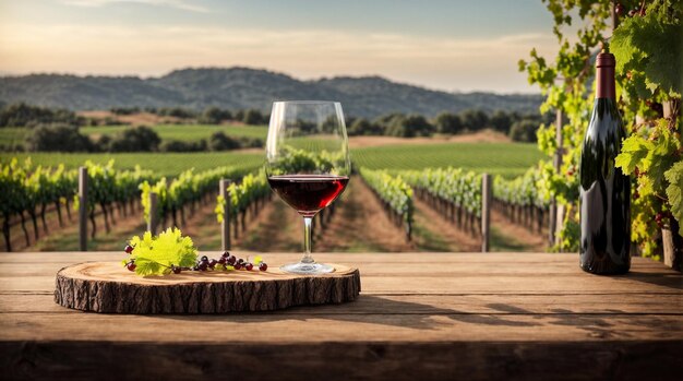 Wooden table top with wine glasses on blurred vineyard landscape background Generative AI