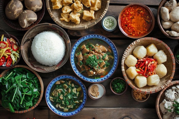 a wooden table topped with bowls of food