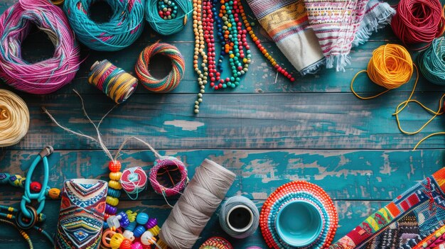 Foto un tavolo di legno sormontato da un mucchio di braccialetti e perle colorate