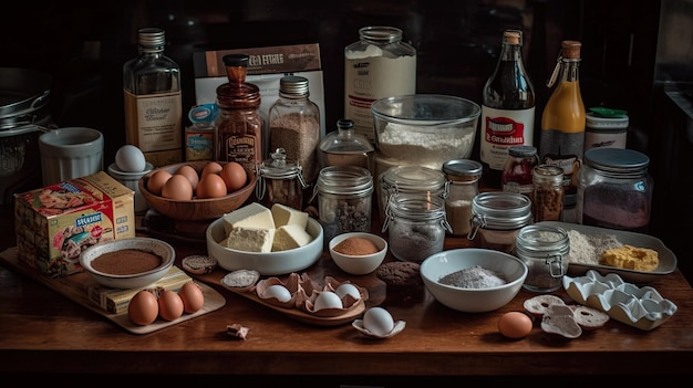 A wooden table topped with eggs and other food ingredients Generative Ai