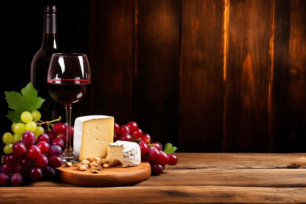 A wooden table topped with a glass of wine and cheese