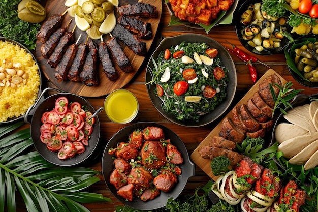 a wooden table topped with lots of different types of food