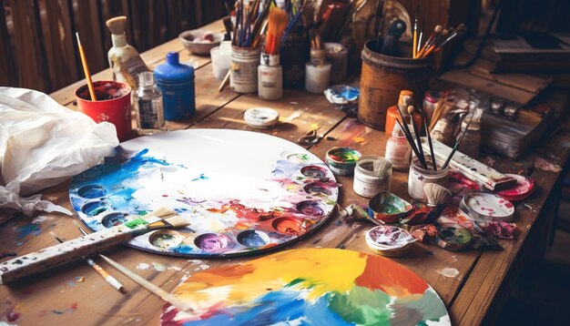 A wooden table topped with lots of paint and brushes