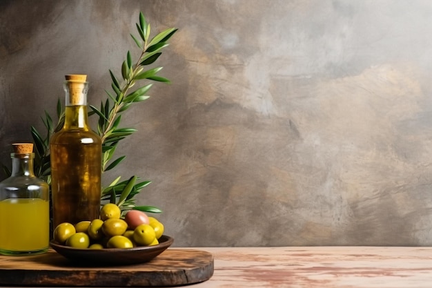 a wooden table topped with olives and olive oil