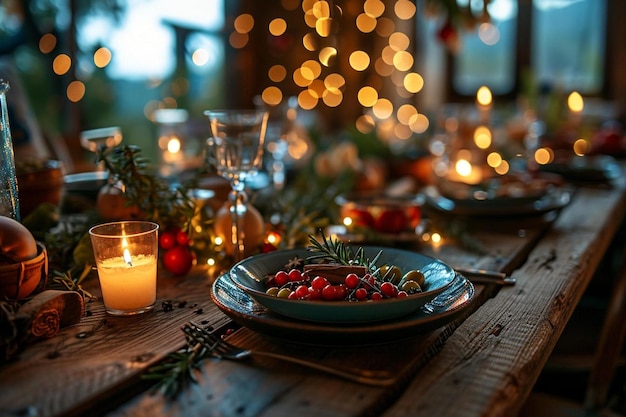 Photo a wooden table topped with plates of food and candles