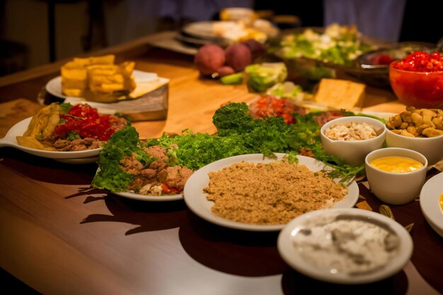 A Wooden Table Topped With Plates Of Food