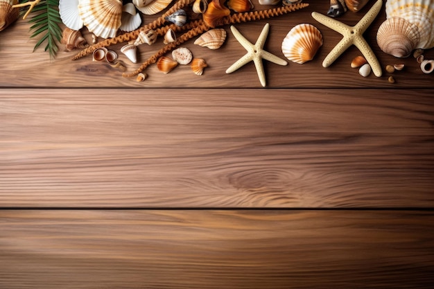 A wooden table topped with seashells and starfish generative AI