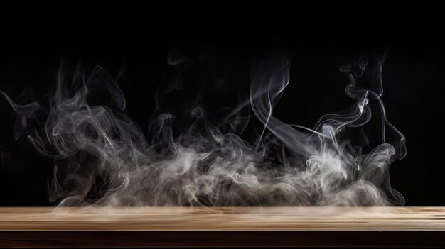 A wooden table topped with smoke on top of it