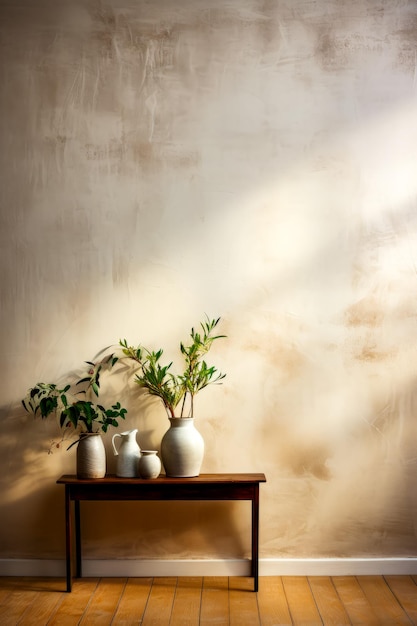 Wooden table topped with two white vases filled with plants Generative AI