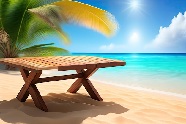 Wooden Table on Tropical Beach Generative AI