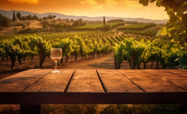 wooden table in a vineyard at sunset in the style of realistic images