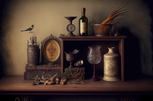 On a wooden table a vintage shelf with antique items