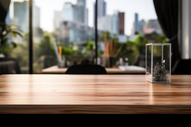 A wooden table void of clutter set against a modern office backdrop