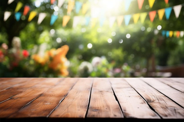 Wooden table waits amid a garden celebrations delightful background blur