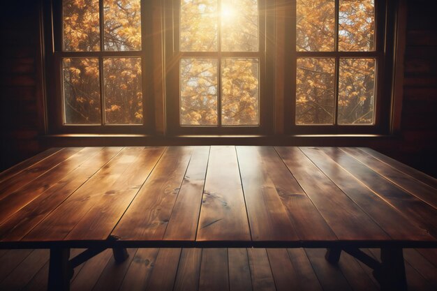 Wooden table and window in room with autumn forest at sunset