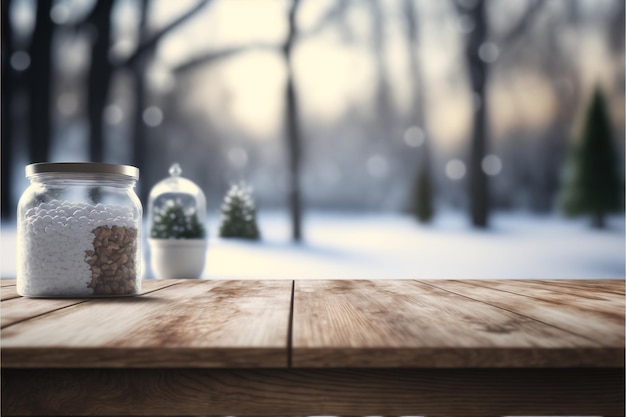 Wooden table on the winter landscape background Generative AI