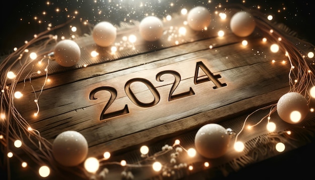 Wooden table with 2024 etched on it and surrounded by the soft glow of twinkling lights