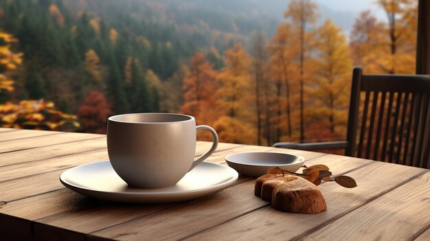 Фото Деревянный стол с чашкой кофе, генерирующий ai