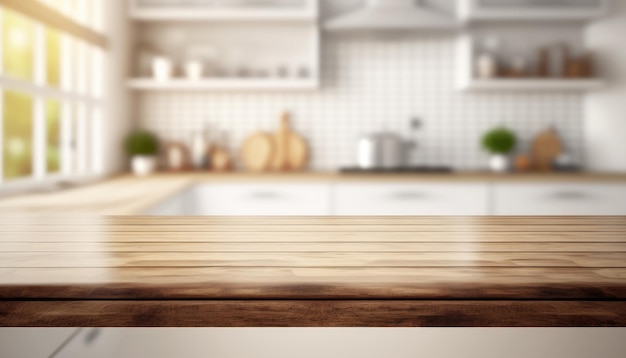 写真 木製のテーブルと不焦点のキッチンルーム 製品の展示のためのモンテージ コピースペース ジェネレーティブai