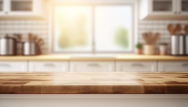 Фото Деревянный стол с расфокусированной кухонной комнатой для монтажа экспозиции продукта копирование пространства generative ai
