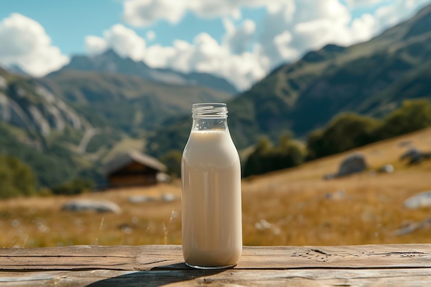 Photo a wooden table with an alpine glass filled with fresh milk generative ai