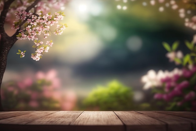 A wooden table with a background of flowers and a pink cherry blossom tree.