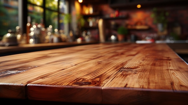 wooden table with a background of kitchen