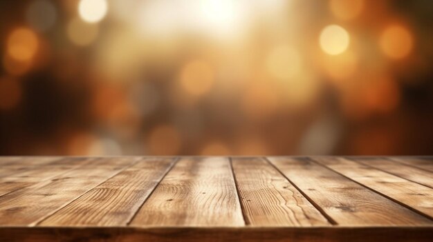 Wooden table with a background of lights