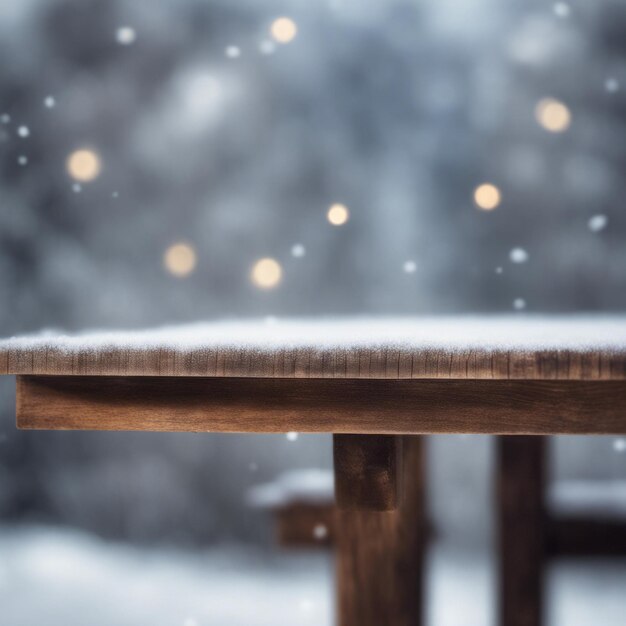 Wooden Table With background Winter Season