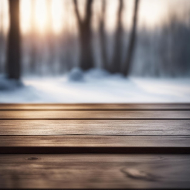 Wooden Table With background Winter Season