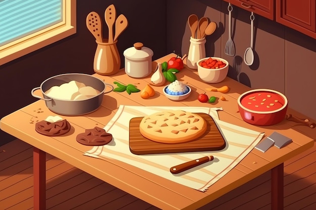 Photo wooden table with baking goods laid out and ready to cook to copyspace text concept of cooking with a kitchen in the background