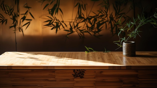 A wooden table with a bamboo plant in the background