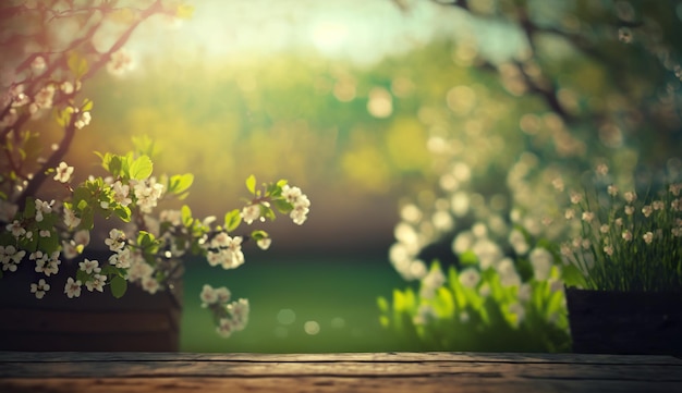 a wooden table with a basket of flowers in front of it