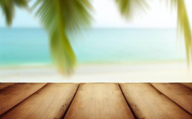 A wooden table with a beach in the background