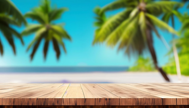 A wooden table with a beach in the background